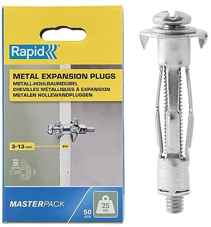Rapid Confezione da 50 Tasselli ad Espansione in Metallo per Pareti Cave in Cartongesso e Truciolari dallo Spessore di 3-13 mm, Supportano fino ad un Carico di 25 Kg
