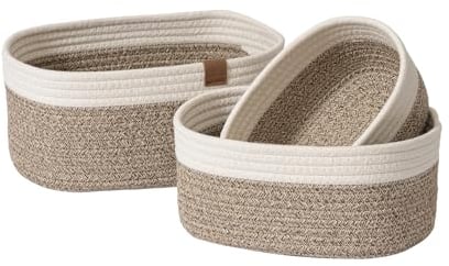 LA JOLIE MUSE Seil Aufbewahrungskörbe für die Organisation, kleiner Baumwoll-Flechtkorb für Bad, Regal, Kinderzimmer, dekorative Aufbewahrungskörbe 3er-Set, Braun & Weiß