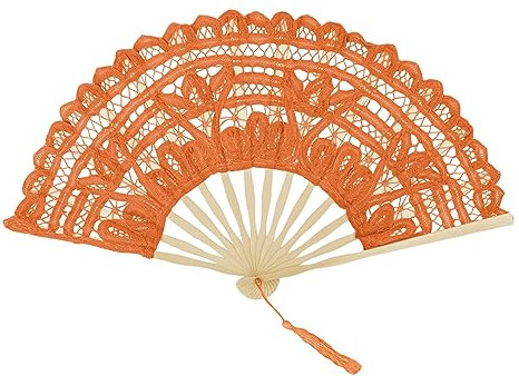 TOPTIE Orange Lace Fan, Bamboo Lace Folding Fan, Elegant Cotton Fabric Hand Fans for Women with Bamboo Staves and Silk Tassels, Perfect for Wedding, Party, Halloween Decoration