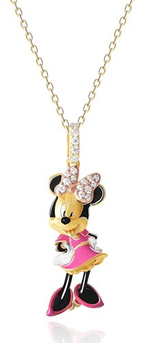 Disney 100 Ladies 3D Minnie Mouse Necklace 18 24K Gold Plated and DMQ CZ Sterling Silver D100 Necklace Official Licensed, Sterling Silver Gold