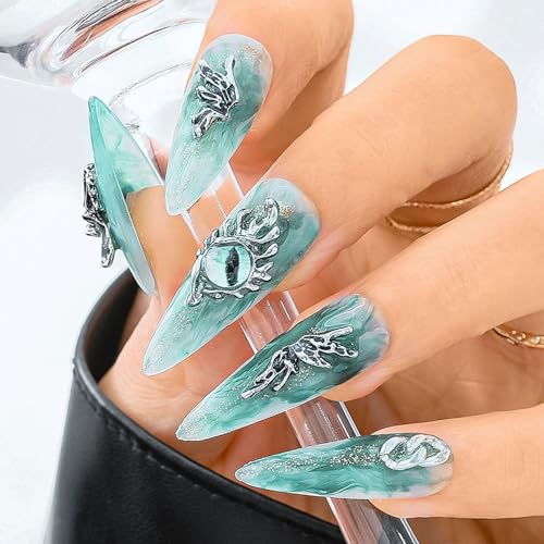 Sethexy Long Stiletto Handmade Press On Nails Acrylic Glitter False Nails Gothic Devil's Eye Fake Nails Salon Stick On Nails for Women and Girls 10PCS (2)