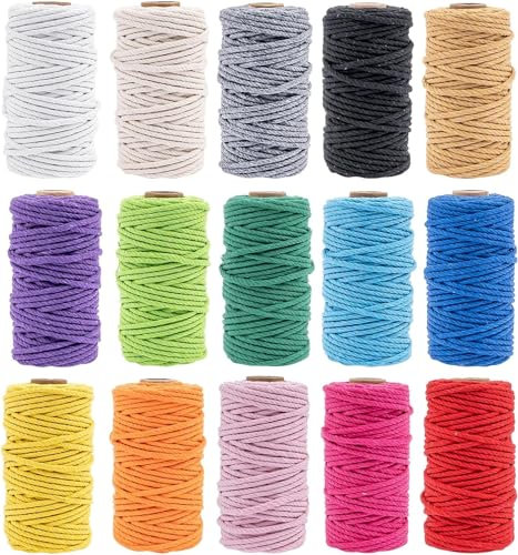 Lot de 15 rouleaux de corde pour macramé colorée (3 mm x 450 m) - 4 brins torsadés en coton doux naturel pour loisirs créatifs, suspension murale, suspension de plantes, tricot, projets de bricolage