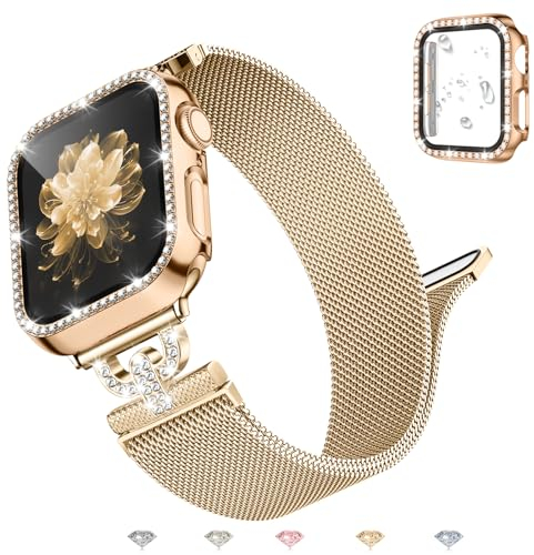 UpNeioco Cinturino in metallo per Apple Watch da 40 mm a 45 mm, con diamanti e brillantini, 40 mm, magnetico, in acciaio inox, da donna per iWatch 1-9