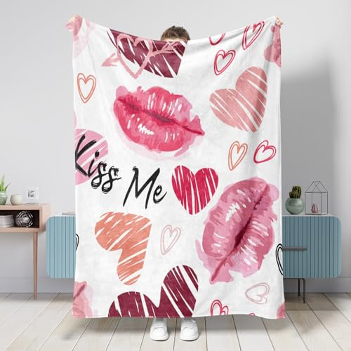 Schwere Valentinstagsdecke, Kiss Me Word, Herzen, modern, edel, Liebe, hübsch, romantisch, hellrosa und weiß, Flanell, warm, waschbar, bequem, atmungsaktiv, Couch, Wohnzimmer, Sofa, Schlafsaal, dicke