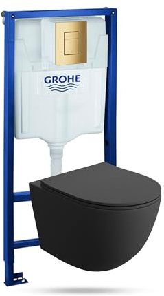 LAVITA Vorwandelement Solido + Wand Hänge WC Sinto Schwarz Spülrandlos + + WC Sitz mit Absenkautomatik Goldener Knopf Komplettset Unterputz Spülkasten Toilette Komplett Sett WC