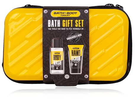 Accentra BATH + BODY TOOLKIT - Set regalo da uomo in custodia rigida – Set da bagno e doccia con sandalo e musk con gel doccia da 100 ml e scrub mano da 50 ml, set da viaggio per uomini
