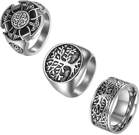 Flongo Bague Homme Acier Inoxydable: Ensemble de 3 Bagues Chevalières Vikings Noeud Celtique Arbre de Vie Runes Norvégiennes Montard Biker - Cadeau Anniversaire Fête des Pères