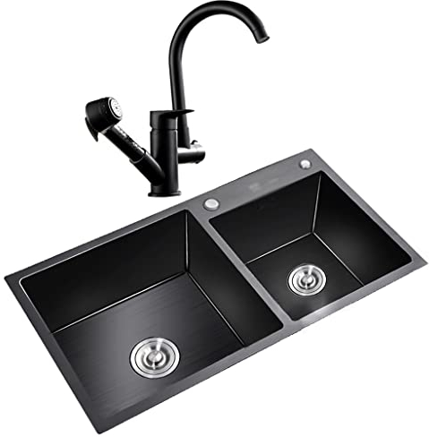 Küchenbar-Spüle, schwarzes Doppelbecken-Edelstahlspülbecken, Aufsatz- oder Unterbaumontage mit Zugspritzpistole, Wasserhahn und Ablaufgarnitur