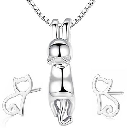 Kaguyo cat jewellery Sets for Women - Rose Gold Plated 925 Sterling Silver 3D Cute Cat Pendant Necklace with Small Tiny Cat Earrings for Women and Girls Kid women's jewellery sets