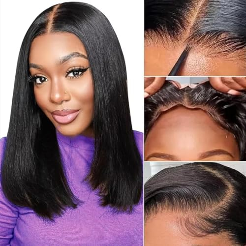 Real Hair Wig Straight Echthaar Perücke 16 Inch Glueless Short Bob Wig 4x4 HD Lace Front Wig Pre Cut 180% Density Brazilian Wigs Human Hair Glueless Lace Wig Human Hair Ready to Wear Save Time.
