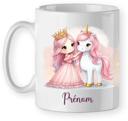Mug tasse Princesse licorne rose, avec prénom personnalisable, cadeau fille à offrir mug prénom pour enfant ou maman anniversaire Noël céramique