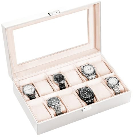 ProCase Uhrenbox mit 12 Fächern, Uhrenkasten mit Glasdeckel, Uhrenkoffer mit Uhrenkissen, Uhrenaufbewahrung, Premium-Uhrenschatulle, PU-Leder Uhrenkasten, Watch Box für Herren - 12 Fächer, Weiß