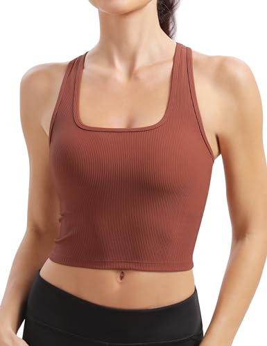 BAYDI Reggiseno sportivo da donna a coste, senza ferretto, traspirante, sportivo, con coppe rimovibili, fitness, corsa, jogging, yoga, bronzo, M