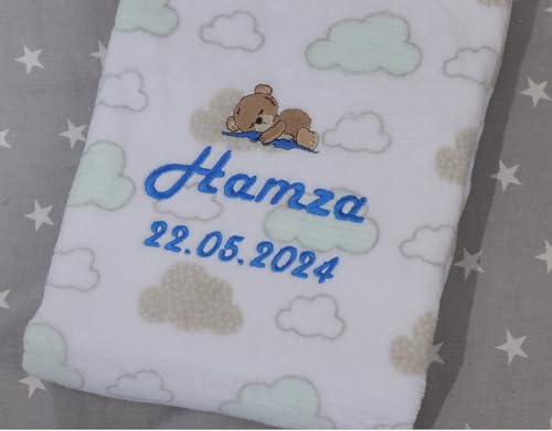 BotoBaby® - Babydecke mit Namen und Geburtsdatum - Geschenk Taufe Geburt ★ (Grau - Wolken)