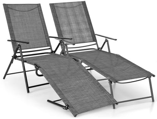 COSTWAY 2 Tumbona Jardin Exterior, Tumbona Plegable con Respaldo de 6 Posiciones, Reposapiés Ajustables, Tela de Asiento Transpirable, Tumbona Reclinable Playa Jardin Piscina, Carga 150 kg (Gris)