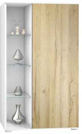 Vladon Vitrine Davos, vitrine sur Pied avec 3 étagères en Verre et 8 Compartiments, Blanc Mat/chêne Nature (71,5 x 134 x 35 cm)