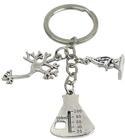 Porte-clés anatomie neurone scientifique - Porte-clés scientifique avec neurone, flacon et microscope - Accessoire en métal pour amateurs de science, chimie, recherche... - Porte-clés unisexe homme et