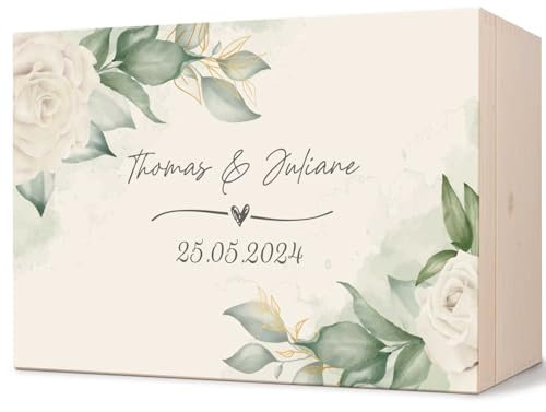 GRAVURZEILE Personalisierte Erinnerungskiste mit UV-Druck - Wedding Love Design - Personalisiert mit Namen & Datum - Erinnerungsbox für das Brautpaar - Geschenk zur Hochzeit