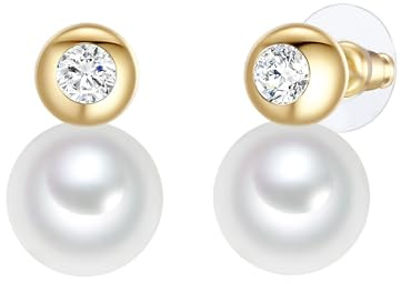 Lulu   Jane Damen Ohrringe Messing gelbgold | gelbvergoldet 14 Karat, Ohrhänger, Glaskristall, weiß, Muschelkernperle, ca. 12,0 mm, weiß, rund