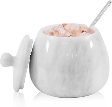 Marble Salt Cellar with Lid 4.5 Inch Handmade White Stone Container with Spoon, Countertop Salt and Pepper Holder for Kitchen, Spices, Herbs, Seasoning, Sugar, Condiments
