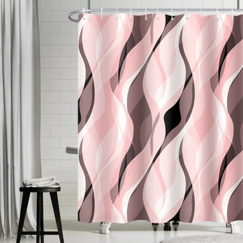 Uiiooazy Cortina de ducha rosa claro, cortina de ducha, diseño geométrico abstracto, líneas, cortina de ducha, bañera, resistente al moho, tela de poliéster, lavable, con 12 ganchos, 180 x 180 cm