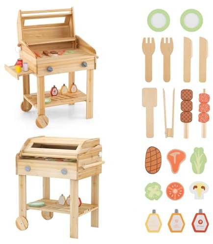 RELAX4LIFE Set di Grill per Barbecue Giocattolo, Set da Cucina in Legno con Ruote e 25 Accessori, Gioco Barbecue Interattivo per Bambini 3 4 5 6 Anni (Barbecue)