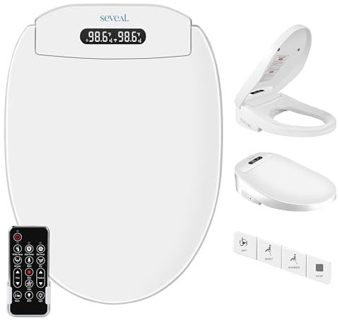 Seveat Electric Heated Bidet Toilet Seat, Bidet Attachment for Toilet with Remote Control, Instant heating, Warm & Air Dry, Temperature Display (Rounded)