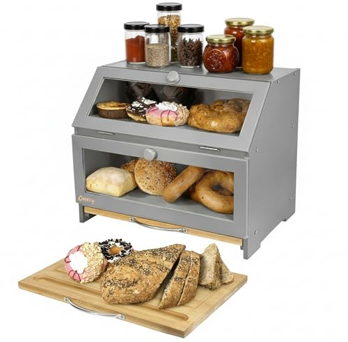 Osckey Grey Double Bread Bin & QUALITY CUTTING BOARD. 24L. Large Bread Box. Solid Bamboo. No MDF. An ideal Breadbin for Bread Storage. Bread Bins For Kitchen. Easy Self Assembly. (Grey)