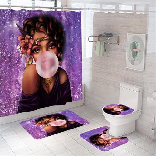 Badezimmerteppich Lila Frau Badteppich rutschfest Waschbar Badgarnitur 3 Teilig – Badematte Set Mit Wc-Vorleger Und Badematte,Teppich Badezimmer Für Sicherheit Und Komfort Im Bad 45X75Cm