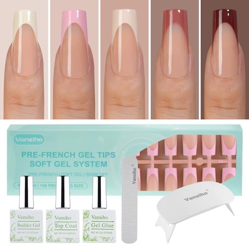 Vansiho French Gel Nails Kit - Long Square French Tip Press On Nails Kit, Nail Gel and Nail Lamp for Gift and Nail Art DIY