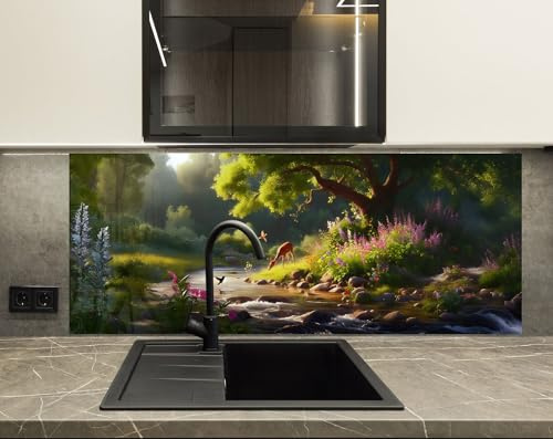 Myphotostation Verzauberter Waldbach mit Hirsch, gehärtetes Glas, Spritzschutz für Küche, Herd, Wandschutz, Herd-Wandplatte, Herd-Rückabdeckung, 76 x 45,7 cm