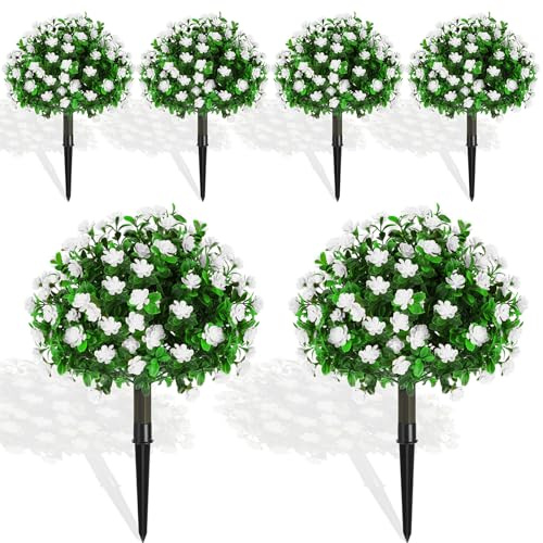 Yunlly Künstliche Buchsbaum-Formschnitt-Kugeln, 40,6 cm, für den Außenbereich, Formschnitt-Baum mit Blumen, UV-beständig, immergrüne Pflanze mit Spieß für Veranda, Innendekoration, Weiß, 6 Stück