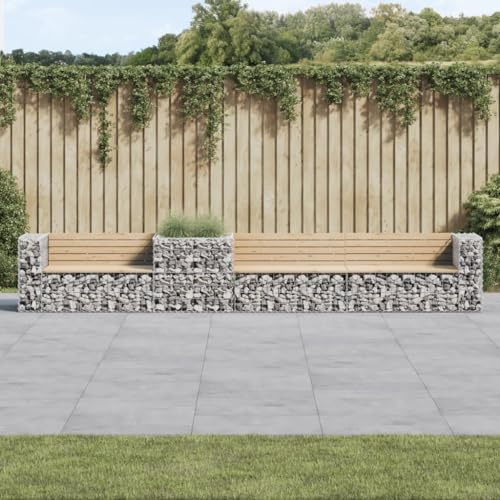 AJJHUUKI Outdoor Sitzgelegenheit-Outdoor-Bänke-Gartenbank mit Gabionenkorb Massivholz Kiefer