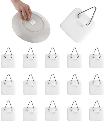 Wanmu 15Pcs Invisible Adhesive Plate Hangers, 1.26 Inches Vertical Plate Holders Hooks for The Wall Display, Decorative Plates Art, Picture Hanging (White)