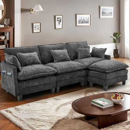 IUXPAM Ecksofa Modulares L-förmiges Sofa, Bequeme Cloud Couch für Wohnzimmer Extra Tiefe, Chenille Stoff mit Abnehmbaren Ottoman (Schwarz, 3 Sitze mit 1 Ottomane)