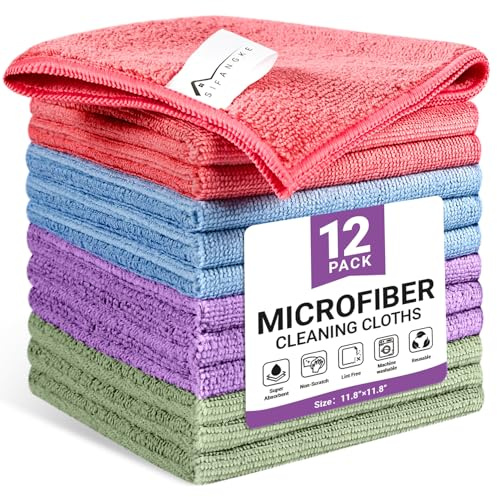 SIFANGKE Microfiber Cleaning Cloth, 12 Pack Assorted Color Cleaning Rags for Housekeeping, Colorful Reusable Microfiber Towels for Car, Kitchen, Bathroom and Household Cleaning Supplies, 11.8X11.8