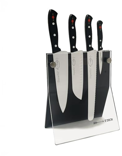F.Dick Superior Messerblock im Acryl - Magnetblock – 4-teilig mit Kochmesser, Santoku, Brotmesser & Officemesser aus gestanztem Stahl – Profi Messerset - langlebig – Made in Germany
