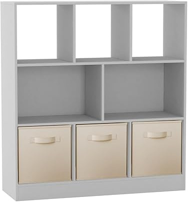 URBNLIVING 8-Cube White Bookcase Shelf Unit – Asymmetrical Storage Organizer with 3 Fabric Drawers for Home or Office - Cream
