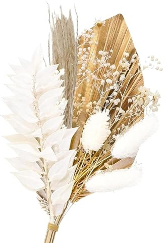 Briocht Dried Flower Cake Decorations Kit | White Boho Bouquet & Gold Palm Leaf Topper | Elegant Cake Decor for Weddings, Birthdays & Events