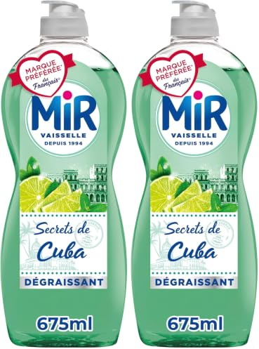 Mir Vaisselle - Secrets de Cuba - Menthe & Citron Vert - Expérience Complète et Unique -Pouvoir Dégraissant -Sans Conservateurs - Sans Allergènes Parfum - Respect de la Peau - Bouteille de 675ml