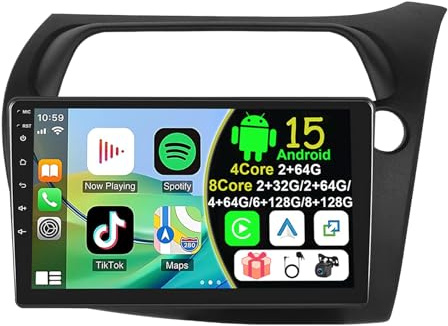 Radio Coche Android 15 para Honda Civic 2006-2010 con Carplay Android Auto,9'' Radio Pantalla, BT/GPS/WiFi/FM/RDS+Cámara Trasera+Mic(S-6(8G+128G))