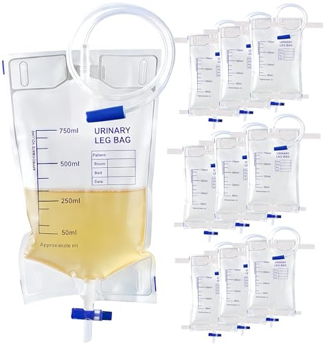 10 Stück 750ml Urinbeutel Beinbeutel: Einweg-Urinbeutel Beinbeutel, Beinbeutel mit T-Ablassventil Anti-Rückfluss Design, Urindrainagebeutel mit Ventil, Ablass und Stoffbänder,Unabhängige Verpackung