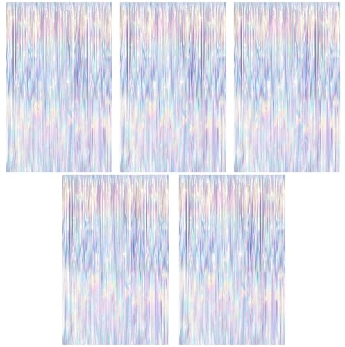 Roosea Glitzervorhang Lametta Regenbogenfarben, 5 Stück Lametta Vorhänge 3,3 x 6,6 ft, Party Vorhang Fotowand Hintergrund Geburtstagsdeko Meerjungfrau Party Glitzer Hochzeit Deko