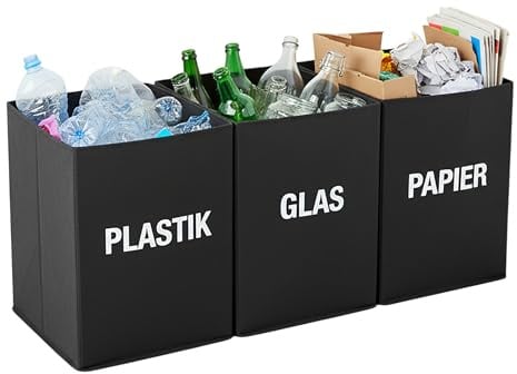 Mülltrennsystem Tasche schwarz mit Griffen wiederverwendbar - 3 x 38 L | Recycling Müllsammler Set für Plastik Glas Papier - Abfalleimer Müll Ordnungs System