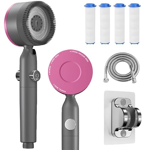 High Pressure Shower Head with 15 Stage Hard Water Filter,4 Spray Modes Handheld Showerhead with 1.5m Hose, Shower Bracket,Filters*5and Pause Switch,Massage Shower Filter for Residual Chlorine Removal