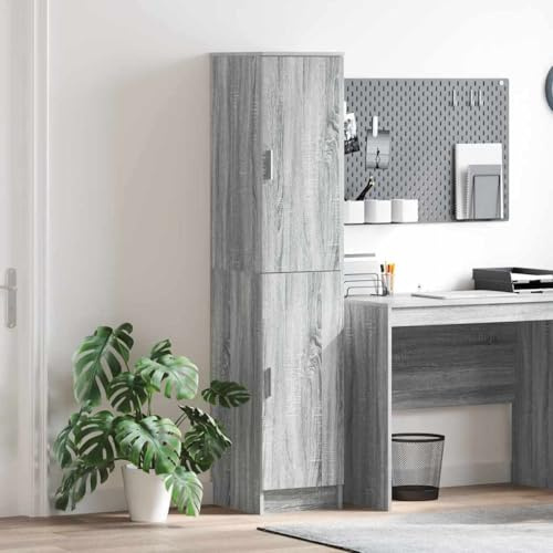 Foknhdi Highboard Grau Sonoma 35x39x168 cm aus Holzwerkstoff mit 2 Türen Modernes Sideboard für Wohnzimmer Flur Küche Stauraum ohne Griffe