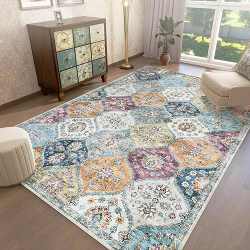 LuxFocus Teppich Wohnzimmer 160x230cm Vintage Blumen Kurzflor Gelb Lila | ca. 6mm Ultradünn, Waschbarer Boho Teppich für Schlafzimmer Esszimmer Büro, marokkanisch, boho, floraler, rutschfest, faltbar