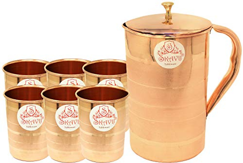 SKAVIJ Brocca in rame puro e 6 bicchieri set brocca per acqua di lusso con coperchio (1,6 litri)