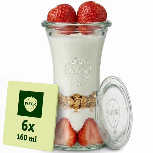 Weck Gläser 160ml – 6er Set mit Deckeln – Delikatessenform – robuste Dessertgläser, Einkoch- & Einmachgläser – klein – Weckglas ideal für Nachtisch – Made in Germany