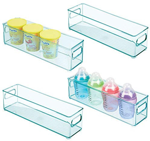 mDesign 4er-Set Kinderzimmer Organizer – schmale Sortierbox mit praktischen Griffen – BPA-freier Kunststoffbehälter für Spielzeug, Windeln, Stofftiere & Co. – hellblau